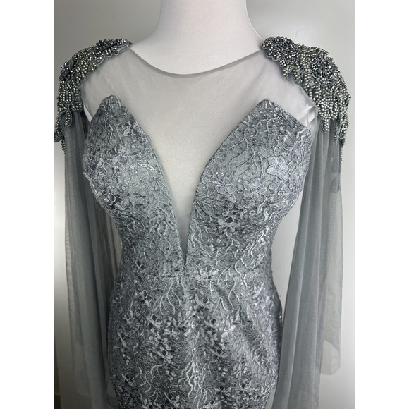 Dekolte Beaded Lace Sequin Evening Gown Mermaid Illusion Cape Sleeve Formal 42 - Picture 4 of 16